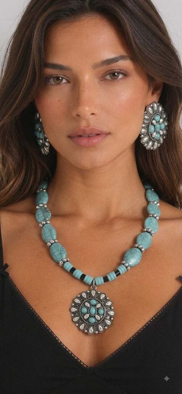 Turquoise Bead Statement Necklace with Pendant - Women Jewelry